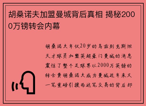 胡桑诺夫加盟曼城背后真相 揭秘2000万镑转会内幕 胡桑诺夫加盟曼城背后真相 揭秘2000万镑转会内幕
